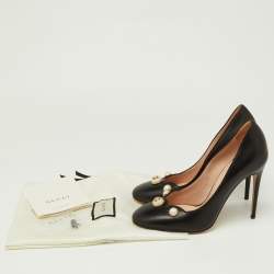 Pre Owned Gucci Black Scalloped Leather Pearl Embellished Pumps Size 37.5