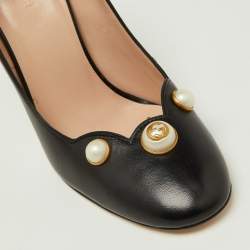 Pre Owned Gucci Black Scalloped Leather Pearl Embellished Pumps Size 37.5