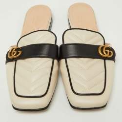 Gucci Black/Cream Quilted Leather GG Flat Mules Size 38