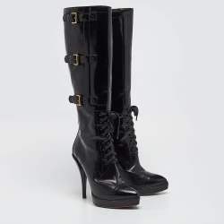 Gucci Black Leather Riddle Lace-Up Platform Knee Boots Size 38.5