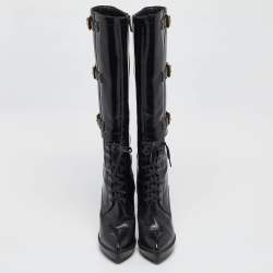 Gucci Black Leather Riddle Lace-Up Platform Knee Boots Size 38.5