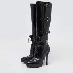 Gucci Black Leather Riddle Lace-Up Platform Knee Boots Size 38.5