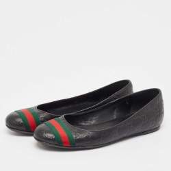 Pre Owned Gucci Black Guccissima Leather Web Detail Ballet Flats Size 37