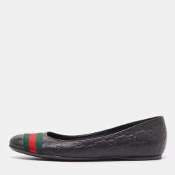 Pre Owned Gucci Black Guccissima Leather Web Detail Ballet Flats Size 37