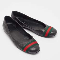 Pre Owned Gucci Black Guccissima Leather Web Detail Ballet Flats Size 37