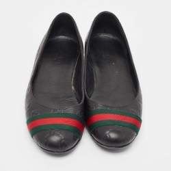 Pre Owned Gucci Black Guccissima Leather Web Detail Ballet Flats Size 37