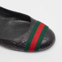 Pre Owned Gucci Black Guccissima Leather Web Detail Ballet Flats Size 37