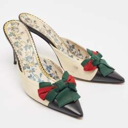 Pre Owned Gucci Cream/Black Leather Sackville Web Bow Mules Size 39