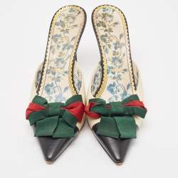 Pre Owned Gucci Cream/Black Leather Sackville Web Bow Mules Size 39