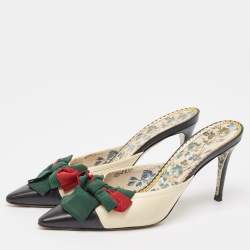 Pre Owned Gucci Cream/Black Leather Sackville Web Bow Mules Size 39