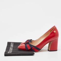 Gucci Red Leather Web Bow Block Heel Pumps Size 36