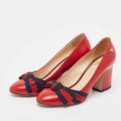 Gucci Red Leather Web Bow Block Heel Pumps Size 36