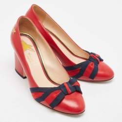 Gucci Red Leather Web Bow Block Heel Pumps Size 36