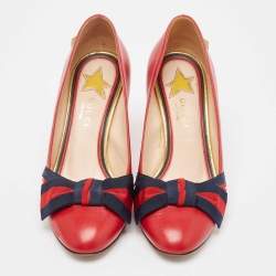 Gucci Red Leather Web Bow Block Heel Pumps Size 36