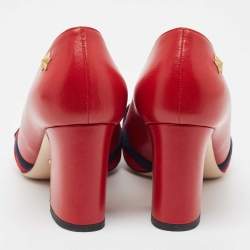 Gucci Red Leather Web Bow Block Heel Pumps Size 36