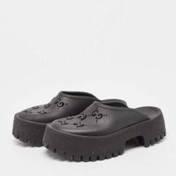 Pre Owned Gucci Black Perforated GG Rubber Platform Mules Size 38