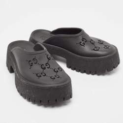Pre Owned Gucci Black Perforated GG Rubber Platform Mules Size 38