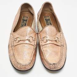 Pre Owned Gucci Metallic Pink Textured Suede Horsebit Loafers Size 40