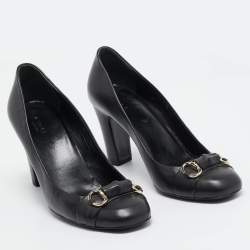 Pre Owned Gucci Black Leather Bamboo Horsebit Pumps Size 39.5