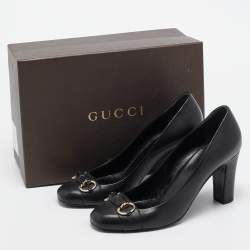 Pre Owned Gucci Black Leather Bamboo Horsebit Pumps Size 39.5