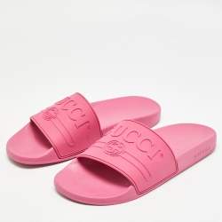 Gucci Pink Rubber Logo Flat Slides Size 40   