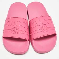 Gucci Pink Rubber Logo Flat Slides Size 40   