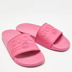 Gucci Pink Rubber Logo Flat Slides Size 40   