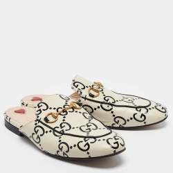 Pre Owned Gucci Cream/Black Guccissima Leather Princetown Flat Mules Size 38.5