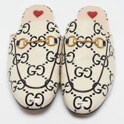 Pre Owned Gucci Cream/Black Guccissima Leather Princetown Flat Mules Size 38.5
