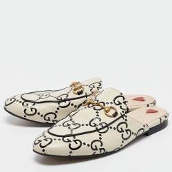 Pre Owned Gucci Cream/Black Guccissima Leather Princetown Flat Mules Size 38.5