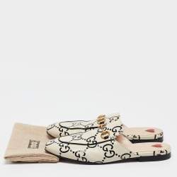 Pre Owned Gucci Cream/Black Guccissima Leather Princetown Flat Mules Size 38.5
