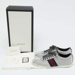 Gucci Metallic Silver Glitter Bambi Web Detail Studded Low Top Sneakers Size 37.5