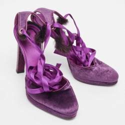 Gucci Purple Velvet and Mink Fur Ankle Strap Sandals Size 37.5