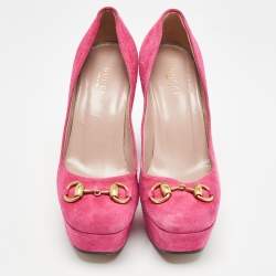Pre Owned Gucci Pink Suede Horsebit Platform Pumps Size 35