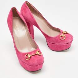 Pre Owned Gucci Pink Suede Horsebit Platform Pumps Size 35