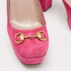 Pre Owned Gucci Pink Suede Horsebit Platform Pumps Size 35