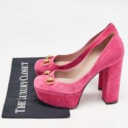 Pre Owned Gucci Pink Suede Horsebit Platform Pumps Size 35