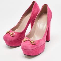 Pre Owned Gucci Pink Suede Horsebit Platform Pumps Size 35