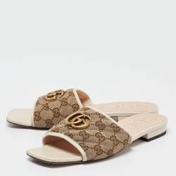Gucci Brown/Cream GG Canvas Double G Flat Slides Size 37.5 