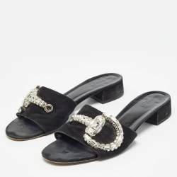 Pre Owned Gucci Black Suede Embellished Maxime Slide Sandals Size 41