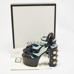 مملوكة مسبقًا Gucci Black Leather Pearl & Stud Embellished Platform Sandals Size 38
