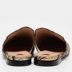 Pre Owned Gucci Gold/Black Brocade Fabric Princetown Flat Mules Size 40