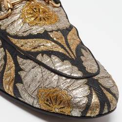 Pre Owned Gucci Gold/Black Brocade Fabric Princetown Flat Mules Size 40