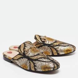 Pre Owned Gucci Gold/Black Brocade Fabric Princetown Flat Mules Size 40