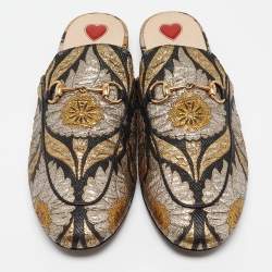 Pre Owned Gucci Gold/Black Brocade Fabric Princetown Flat Mules Size 40
