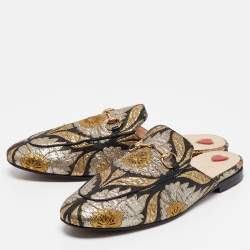 Pre Owned Gucci Gold/Black Brocade Fabric Princetown Flat Mules Size 40