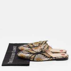 Pre Owned Gucci Gold/Black Brocade Fabric Princetown Flat Mules Size 40
