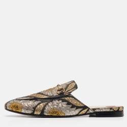Pre Owned Gucci Gold/Black Brocade Fabric Princetown Flat Mules Size 40