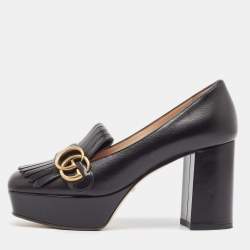 مملوكة مسبقًا Gucci Black Leather GG Marmont Fringed Platform Pumps Size 36