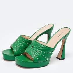 Gucci Green Leather Studded Platform Slide Sandals Size 41